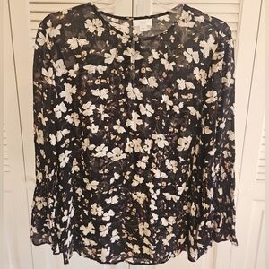 J Jill Womens Small Black Floral Blouse Flowy Lightweight Long Sleeve Boho Sheer